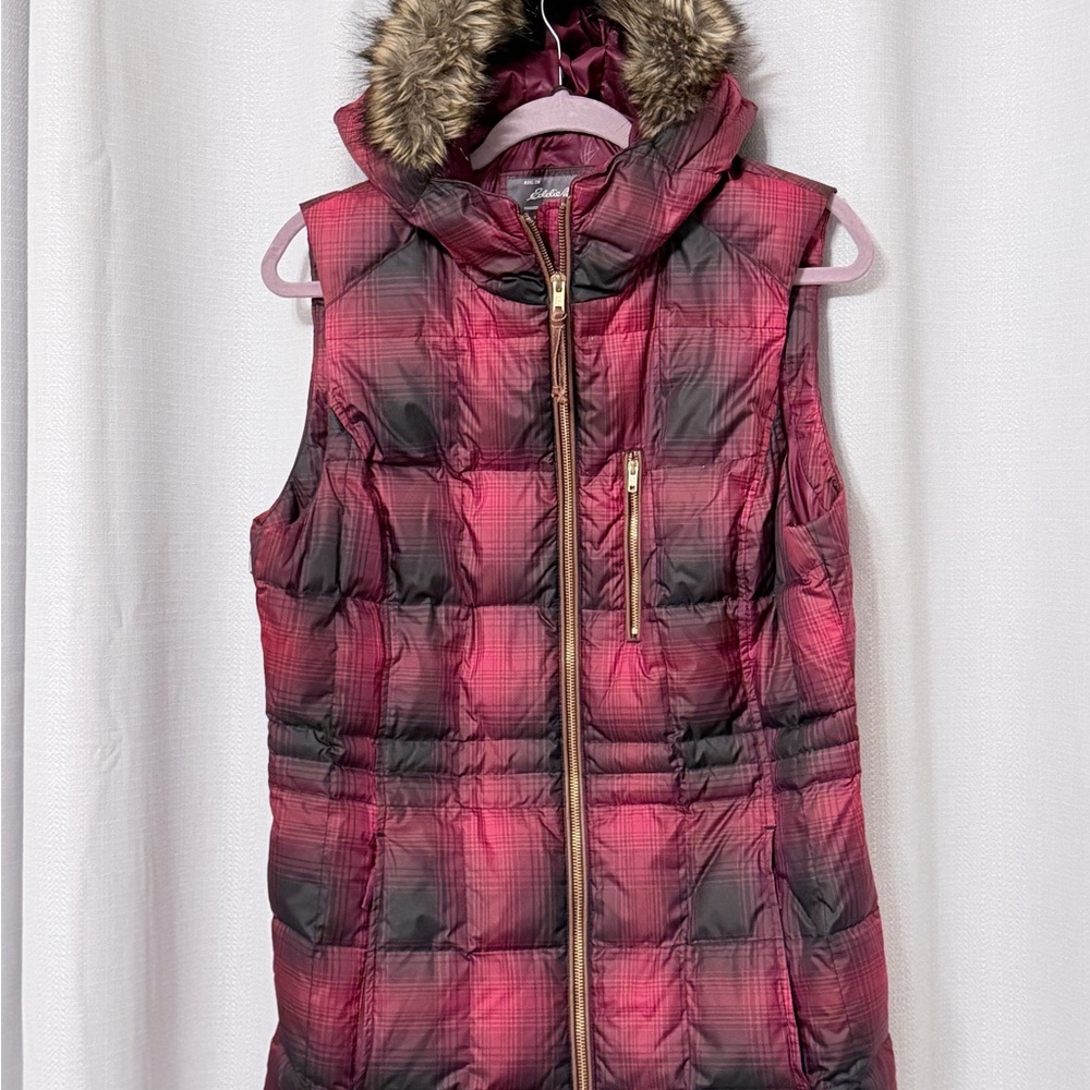 Eddie Bauer Womens Red Black Plaid Down Puffer Vest Faux Fur Hood Tall Large TL
